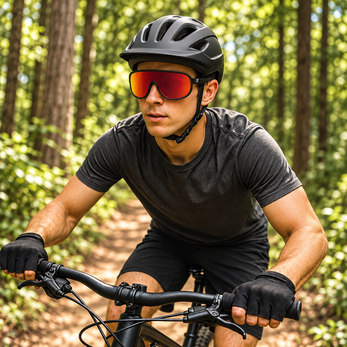 A man riding a bicycle on a forest path, wearing a black helmet, red mirrored sunglasses, a dark gray t-shirt, black shorts, and black fingerless gloves.