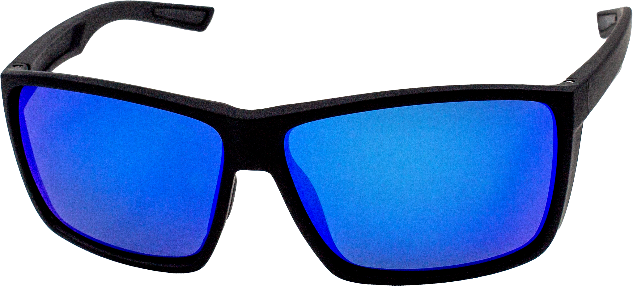 E3 Optics E1-B1 blue mirror polarized sunglasses with soft touch black frame – ideal for boating and fly fishing – left angle view