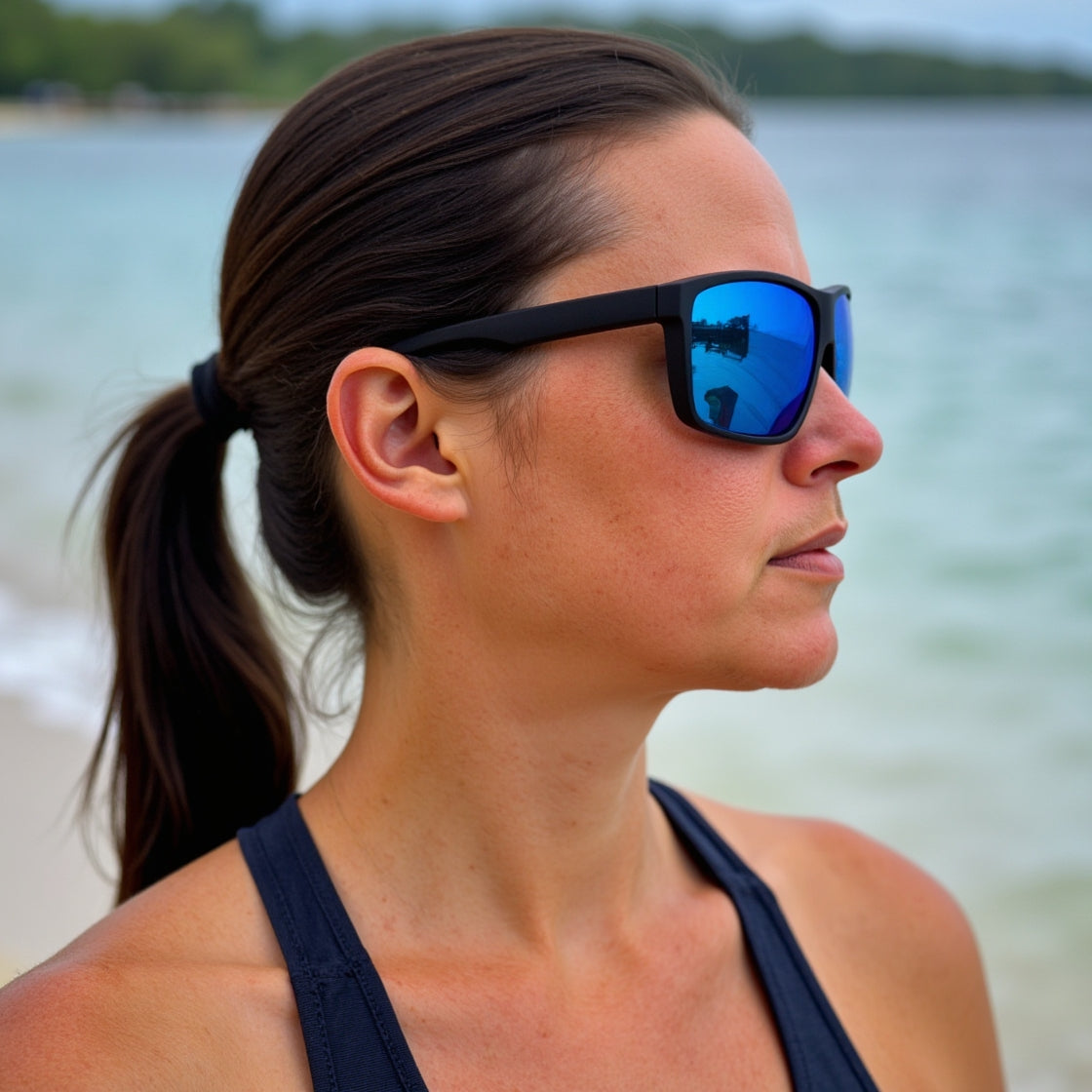 Woman wearing E3 Optics E1-B1 blue mirror polarized sunglasses with soft touch black frame, standing in profile on a sandy beach with calm ocean water in the background.