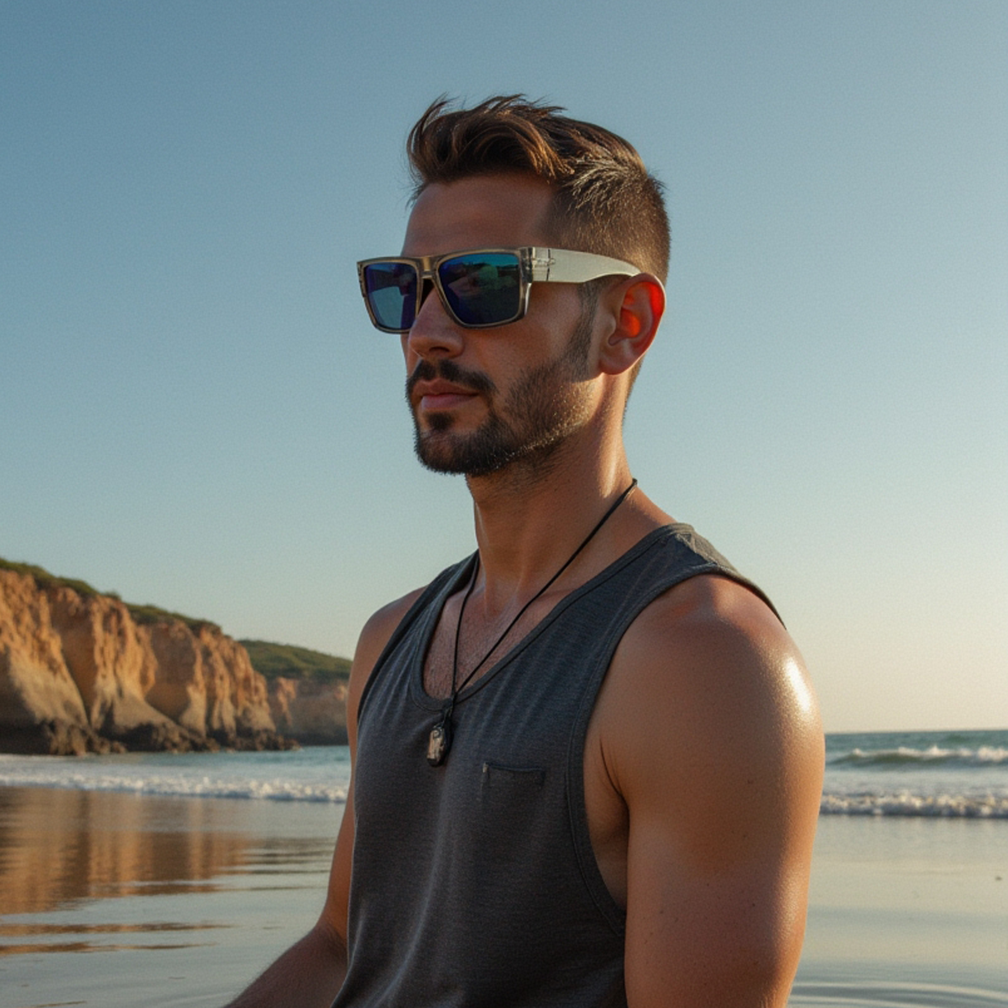Man wearing E3 Optics E18 floating polarized sunglasses with blue mirror lenses for outdoor water activities