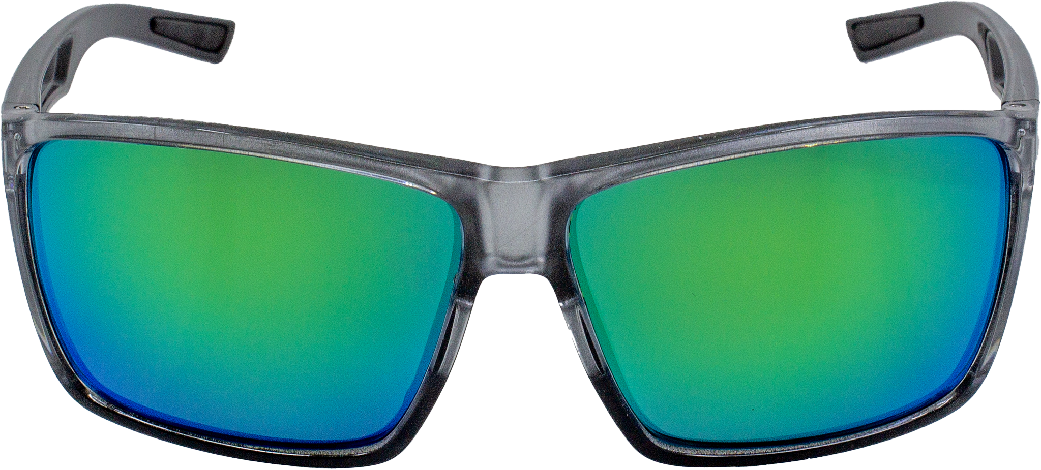 Front view of E3 Optics E1-F1 sunglasses featuring a transparent gray TR-90 frame and vibrant green mirror polarized lenses, designed for glare reduction and enhanced visual clarity during outdoor activities.