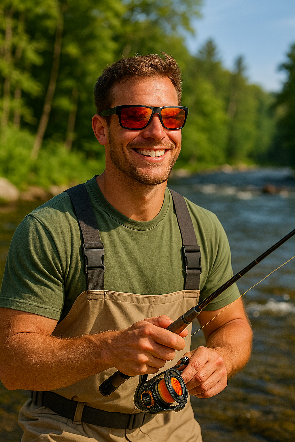 Man fly fishing in a river wearing E3 Optics E2 sunglasses with black frame and red mirror polarized lenses, enjoying a sunny day outdoors