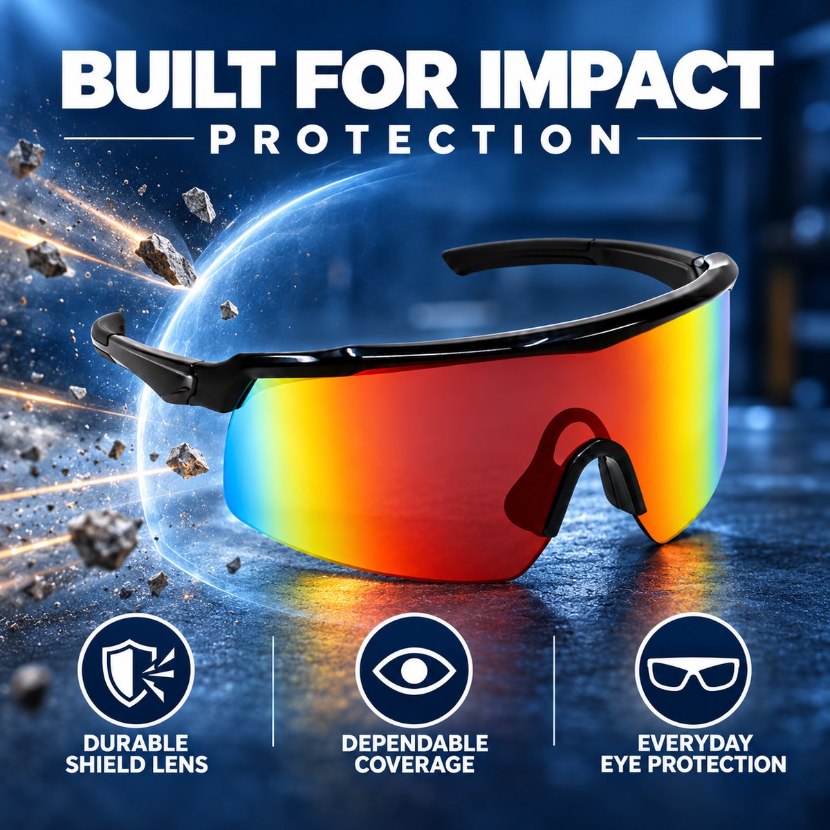 Impact-resistant shield-style sunglasses with a black frame and a vibrant red-to-blue mirrored lens, set against a dramatic space background with debris and the text 'BUILT FOR IMPACT PROTECTION'. Three circular icons at the bottom highlight durable shield lens, dependable coverage, and everyday eye protection.