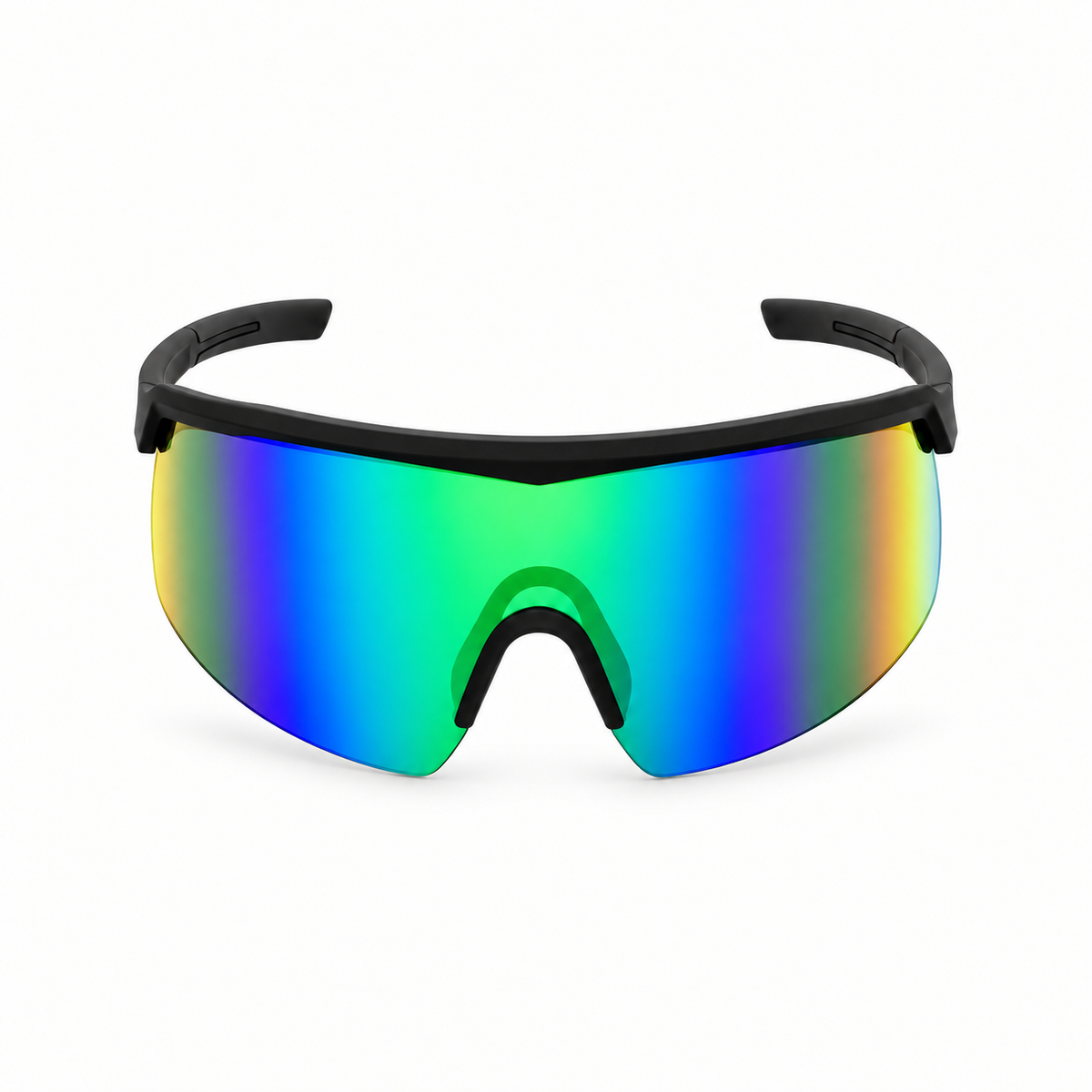 Sport sunglasses with a black frame and a large shield-style mirrored lens showing a gradient of blue, green, yellow, and purple, set against a plain white background.