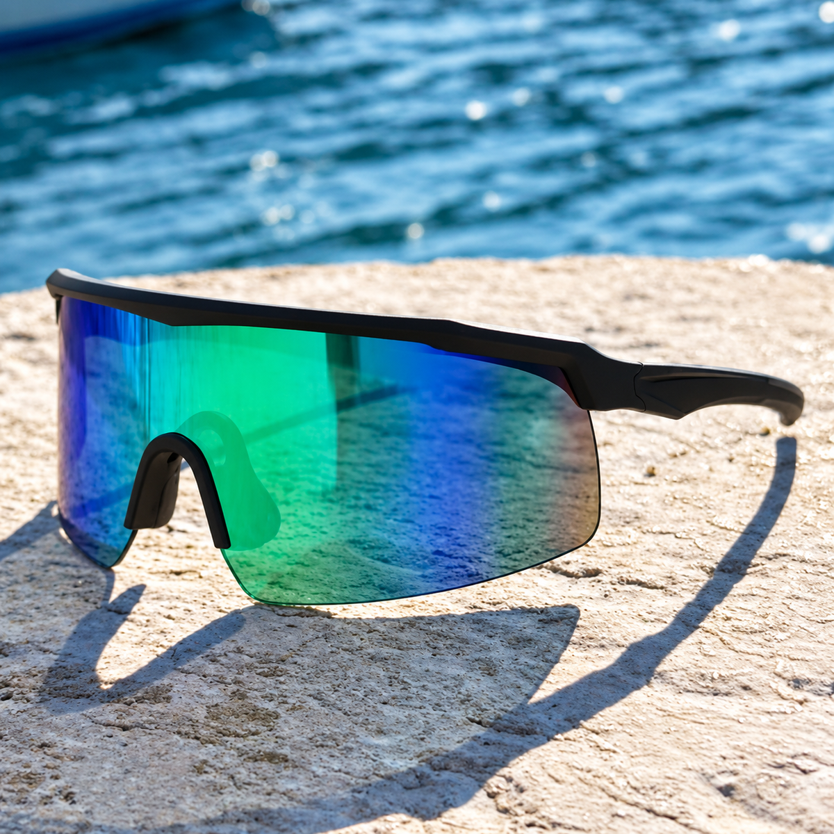Shield-style sport sunglasses with a black frame and a mirrored green-to-blue lens, resting on a stone surface with water in the background.