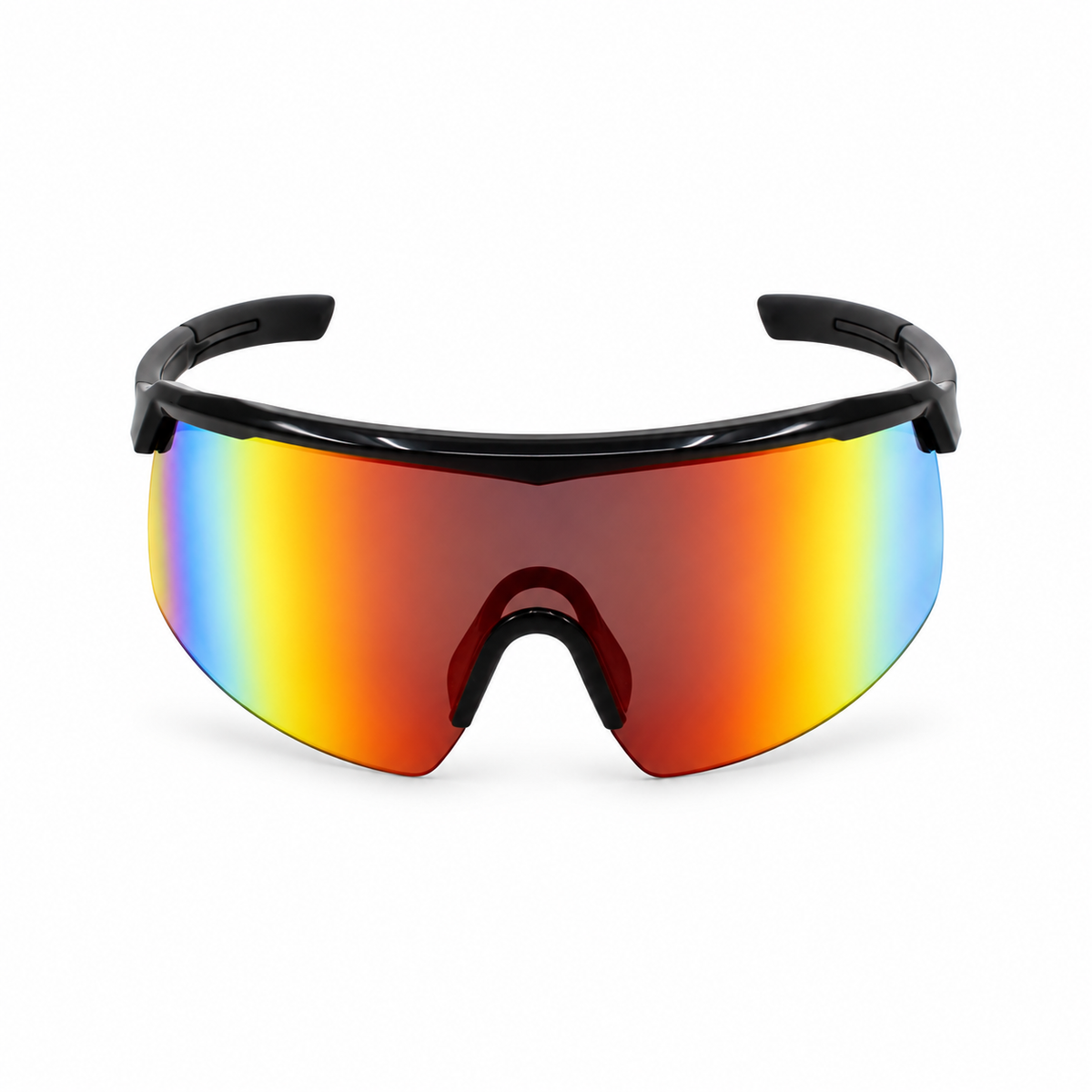 Sport sunglasses with a black wrap-around frame and a large shield lens featuring a vibrant iridescent gradient that shifts from yellow and orange to red and blue.
