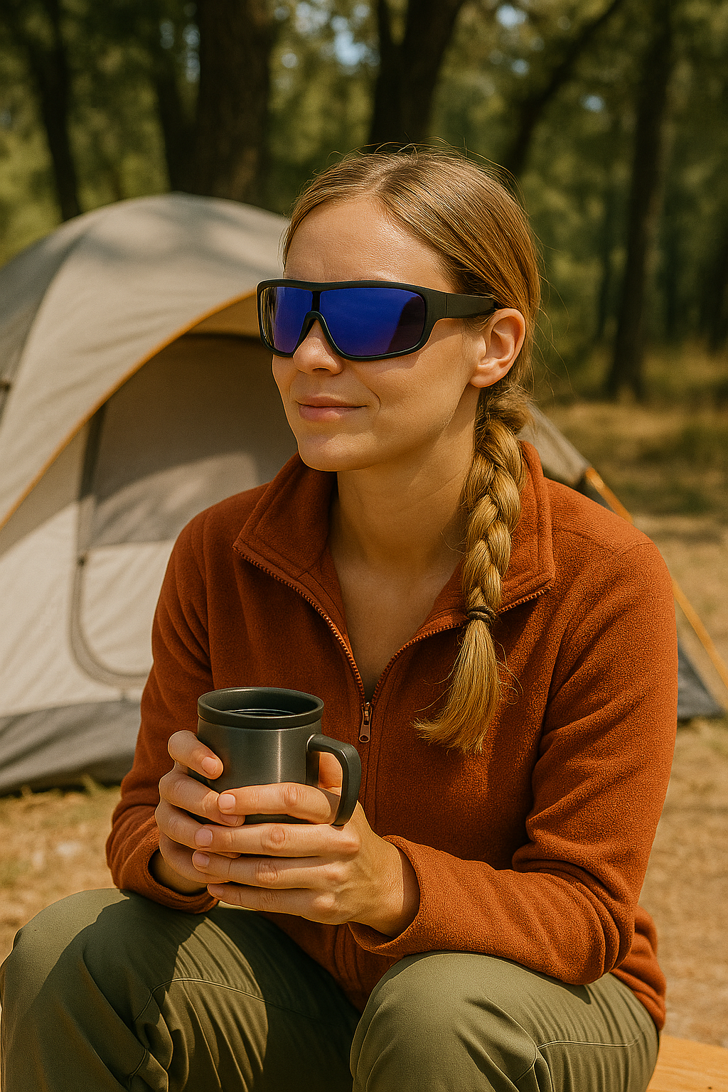Woman wearing E3 Optics E10 polarized sunglasses, stylish protection for outdoor sports and leisure.