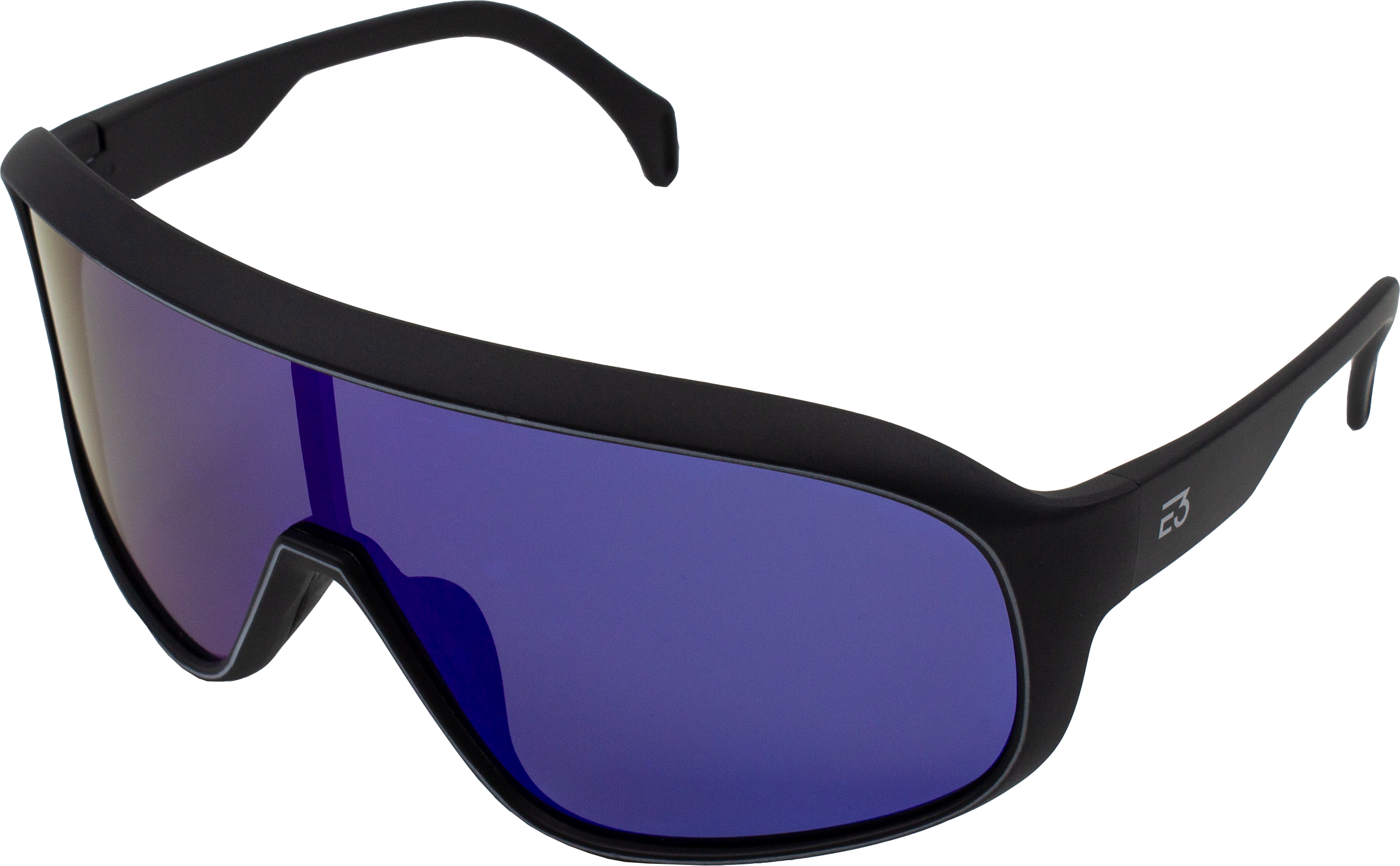 Left angle of E3 Optics E10 polarized sunglasses showing wraparound coverage and sporty style.