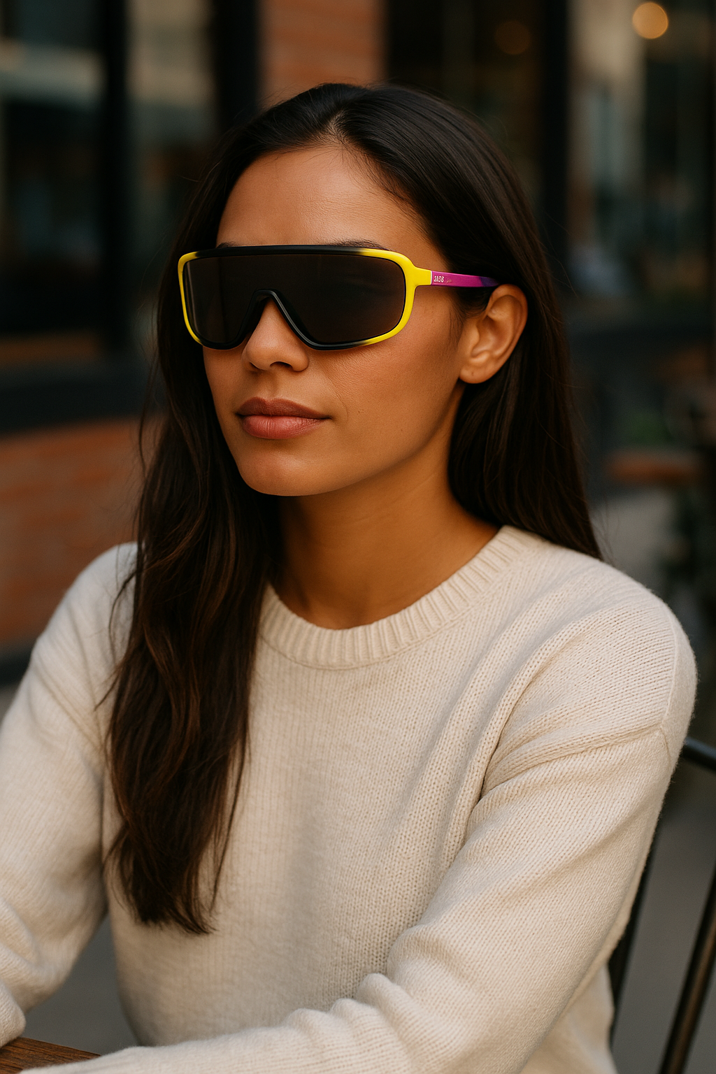 Stylish woman wearing E3 Optics E12 precise impact-resistant sunglasses at an outdoor café.