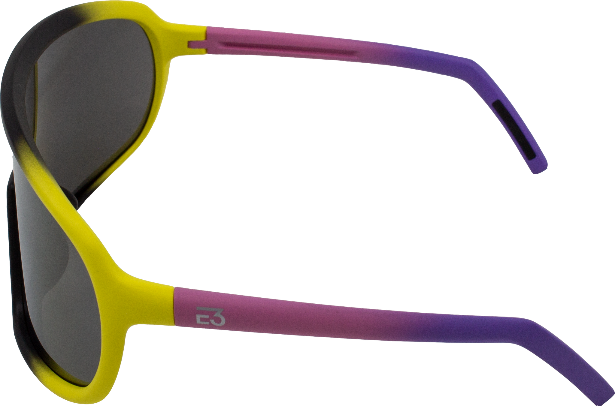 Side profile of E3 Optics E12 impact-resistant sunglasses with durable TR-90 frame and ergonomic fit.