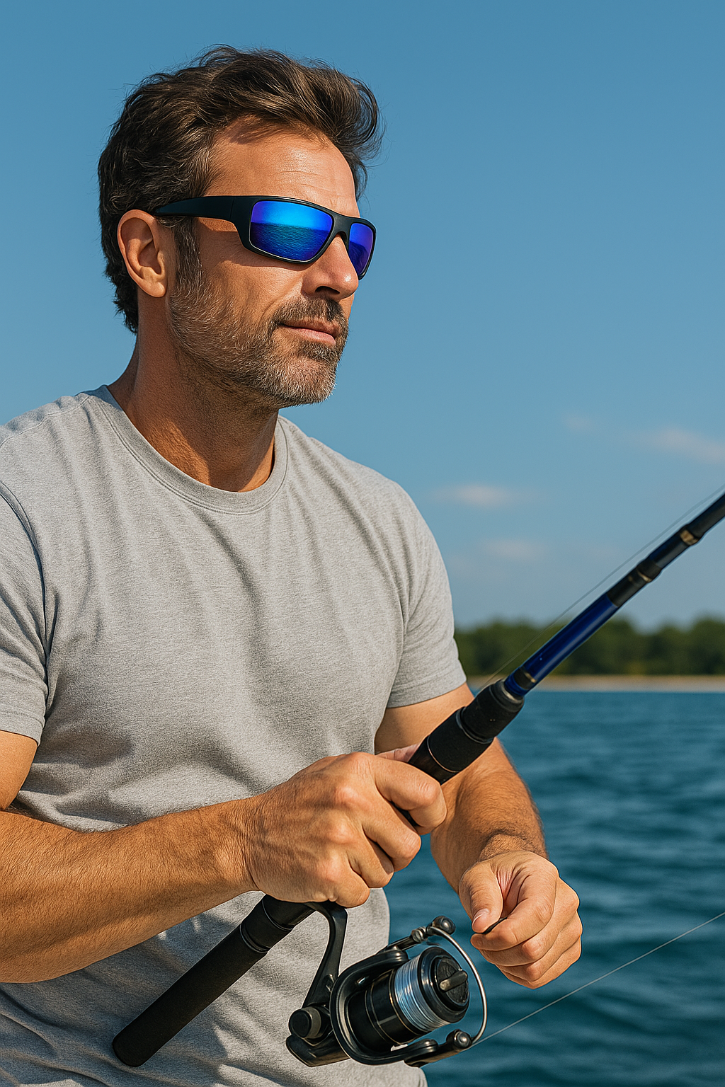 Angler fishing while wearing E3 Optics E16 floating polarized sunglasses, reducing glare off water.