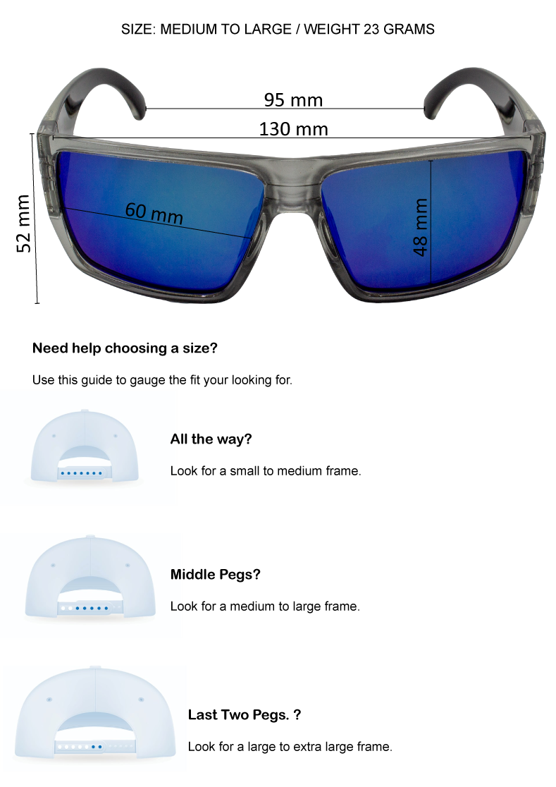 Sunglasses with size guide and measurements on a white background