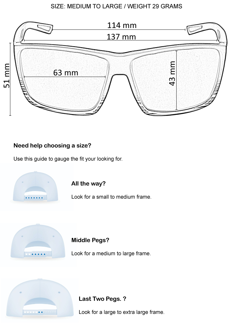 E3 Optics sunglasses sizing guide showing frame dimensions — lens width 63 mm, lens height 43 mm, bridge width 14 mm, temple length 137 mm, frame height 51 mm, weight 29 grams — with hat snapback peg fit reference for choosing small to extra-large frames.
