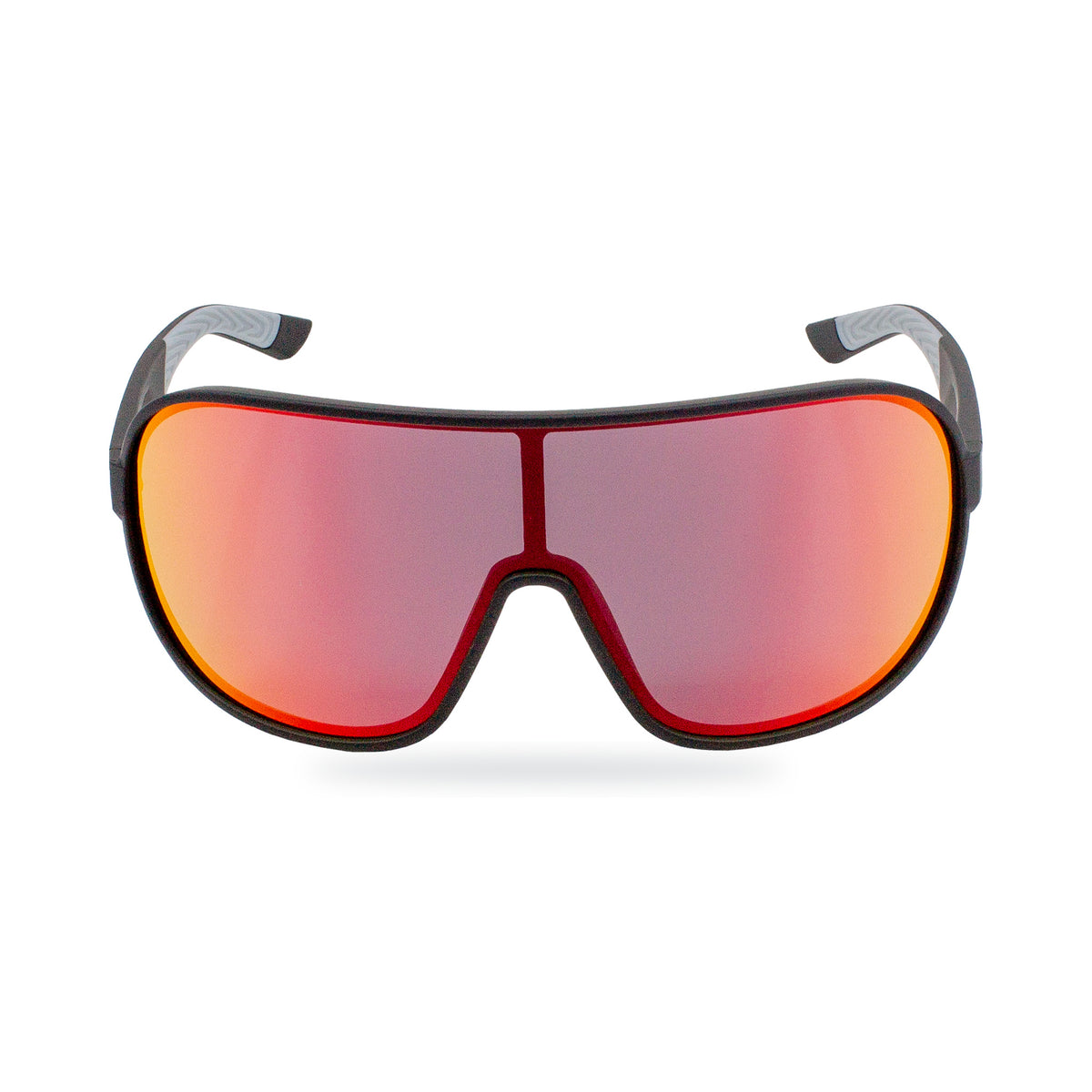 Shield-style sunglasses with a matte black frame and large mirrored lenses that shift from orange-red to pink, shown on a clean white background.