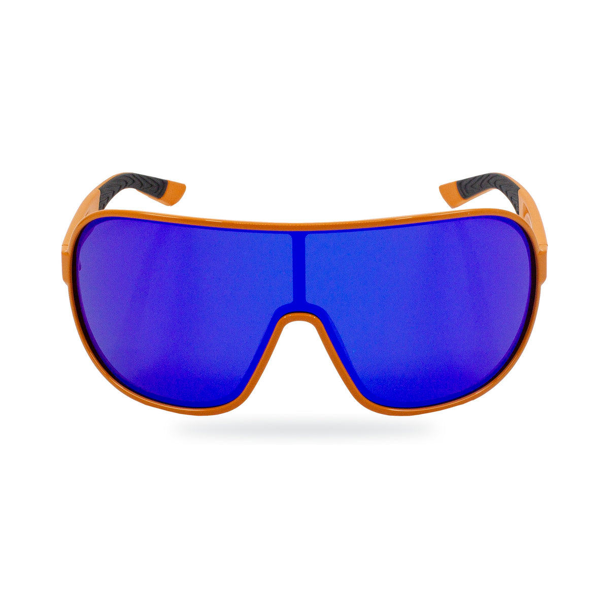 Sport shield sunglasses with a bright orange frame and large blue mirrored lenses, shown against a plain white background.