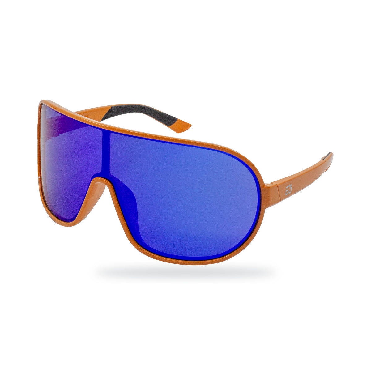 Sport shield sunglasses with a matte orange frame and vibrant blue mirrored lenses, shown on a clean white background.