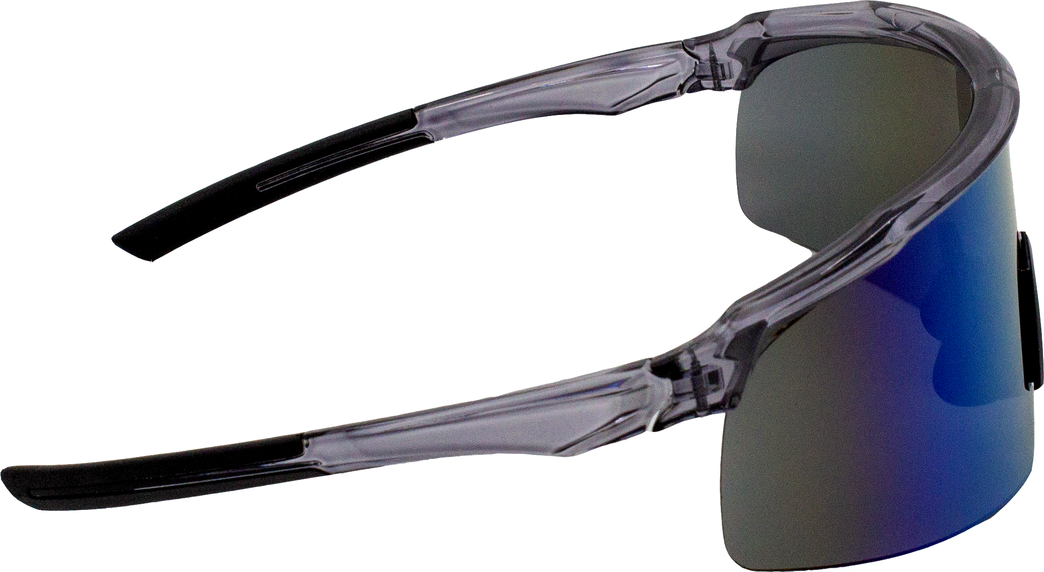 E3 Optics E3-H8 rainbow mirror precise lens sunglasses with matte black frame and gray temple tips – ideal for cycling, running, and high-intensity outdoor sports – side view.