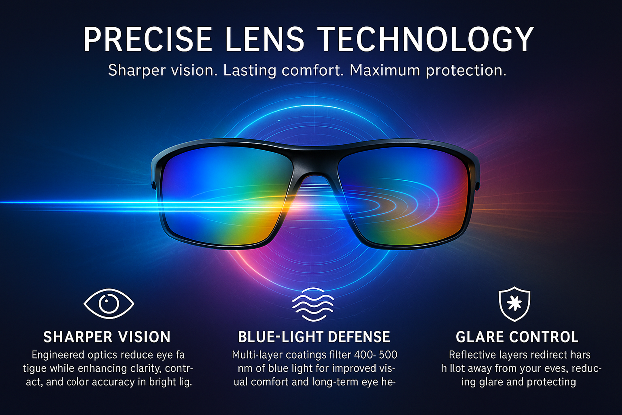 E3 Optics precise lens technology sunglasses with blue-light defense, glare control, and sharper vision clarity