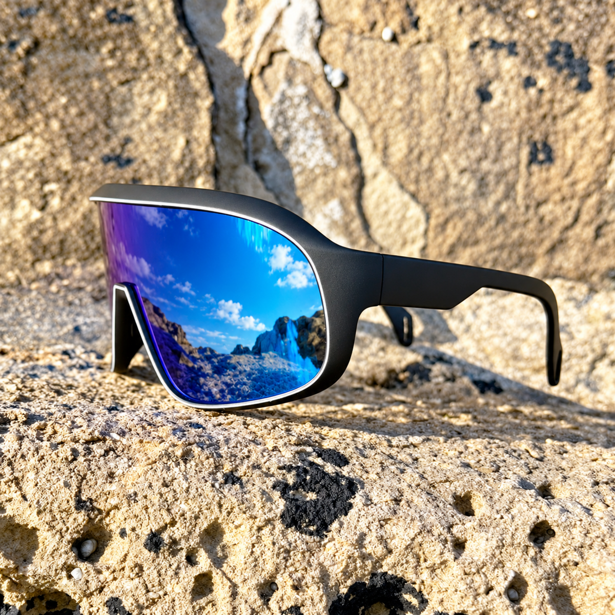 Black wrap-around sunglasses with a vibrant blue mirrored lens, resting on a textured beige rock outdoors.
