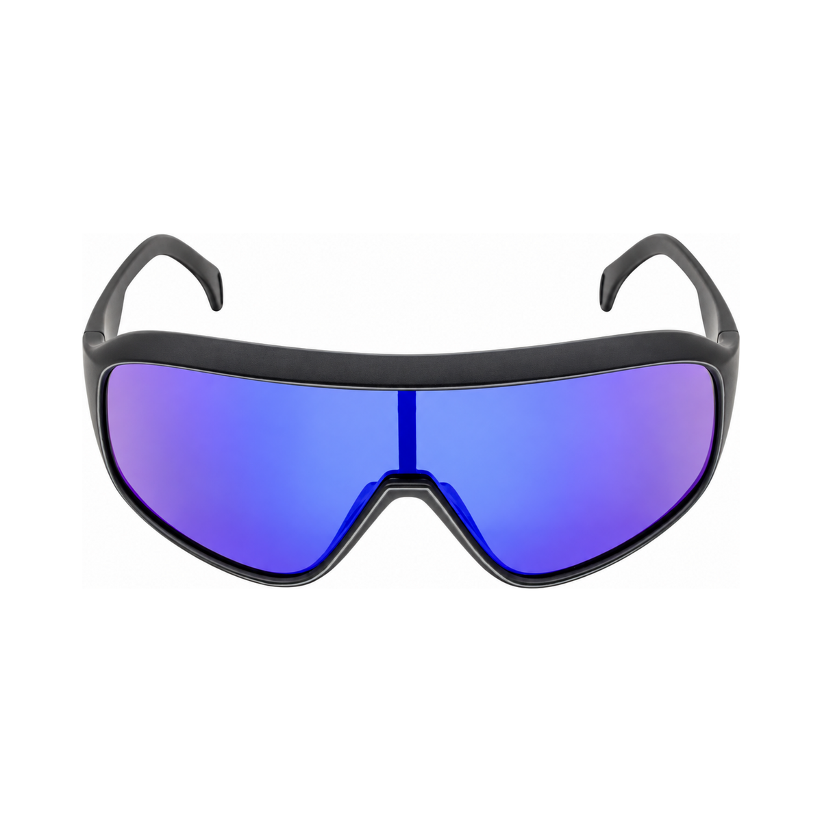 Shield-style sport sunglasses with a matte black frame and large mirrored blue-to-purple lenses, shown on a plain white background.