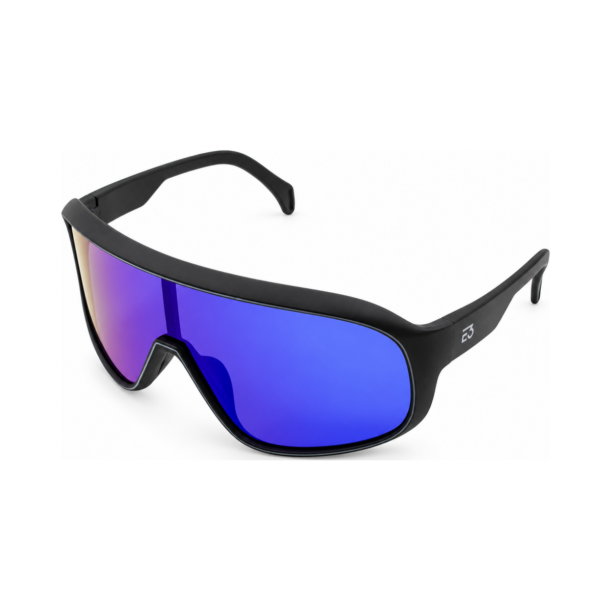Black shield-style sport eyewear with a large blue-to-purple mirrored lens, shown on a clean white background.