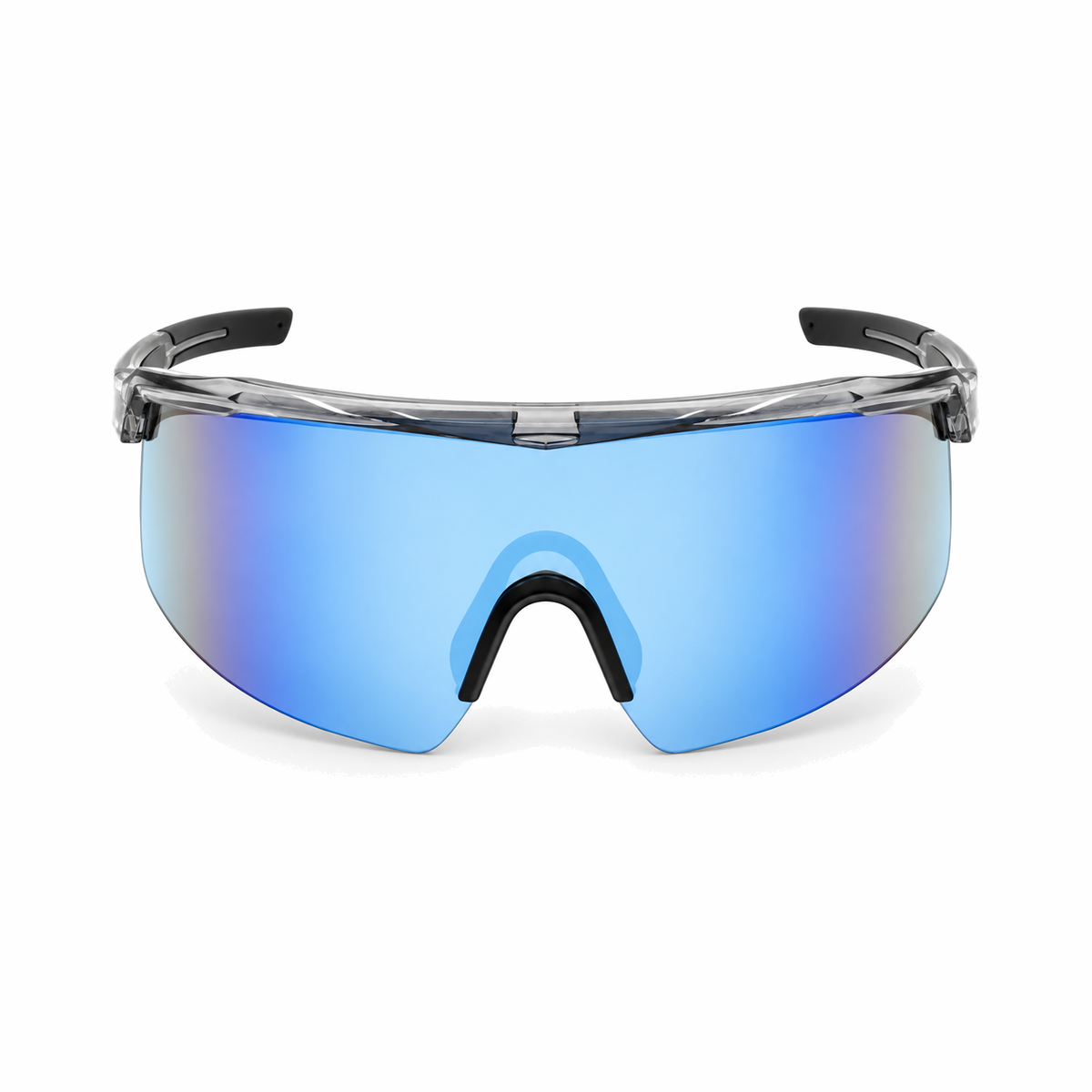Shield-style sports sunglasses with a large blue mirrored lens and a dark translucent frame, shown on a clean white background.