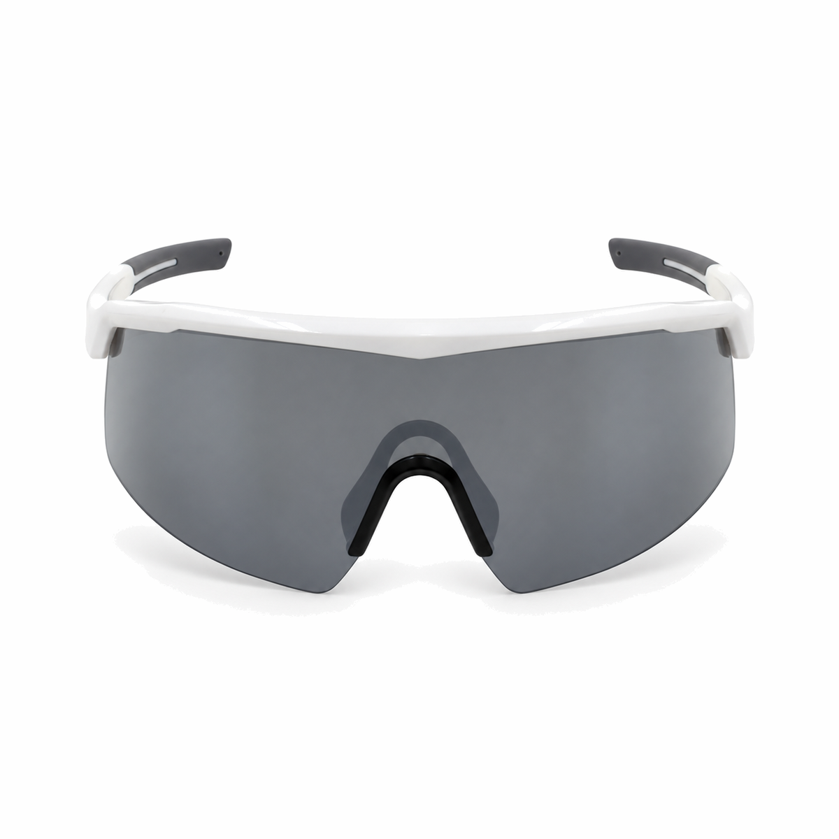 Shield-style safety glasses with a white frame and a dark gray shield lens, shown against a plain white background.