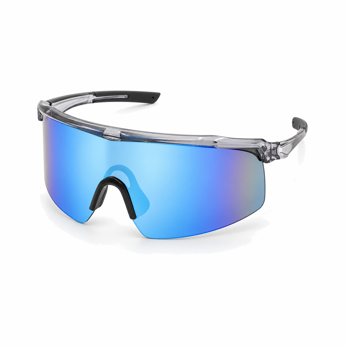 Sport sunglasses with a clear wraparound frame and a large blue-to-purple mirrored shield lens, shown on a white background.