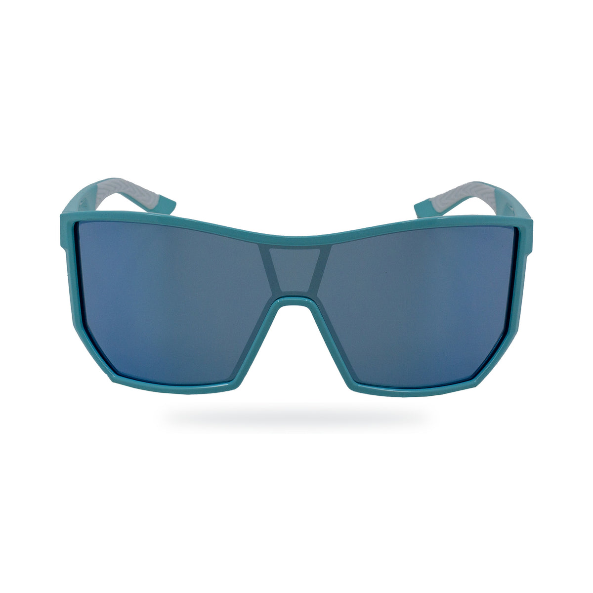 Front view of E3 Optics Pulse sunglasses with a teal frame and blue-gray shield lens.