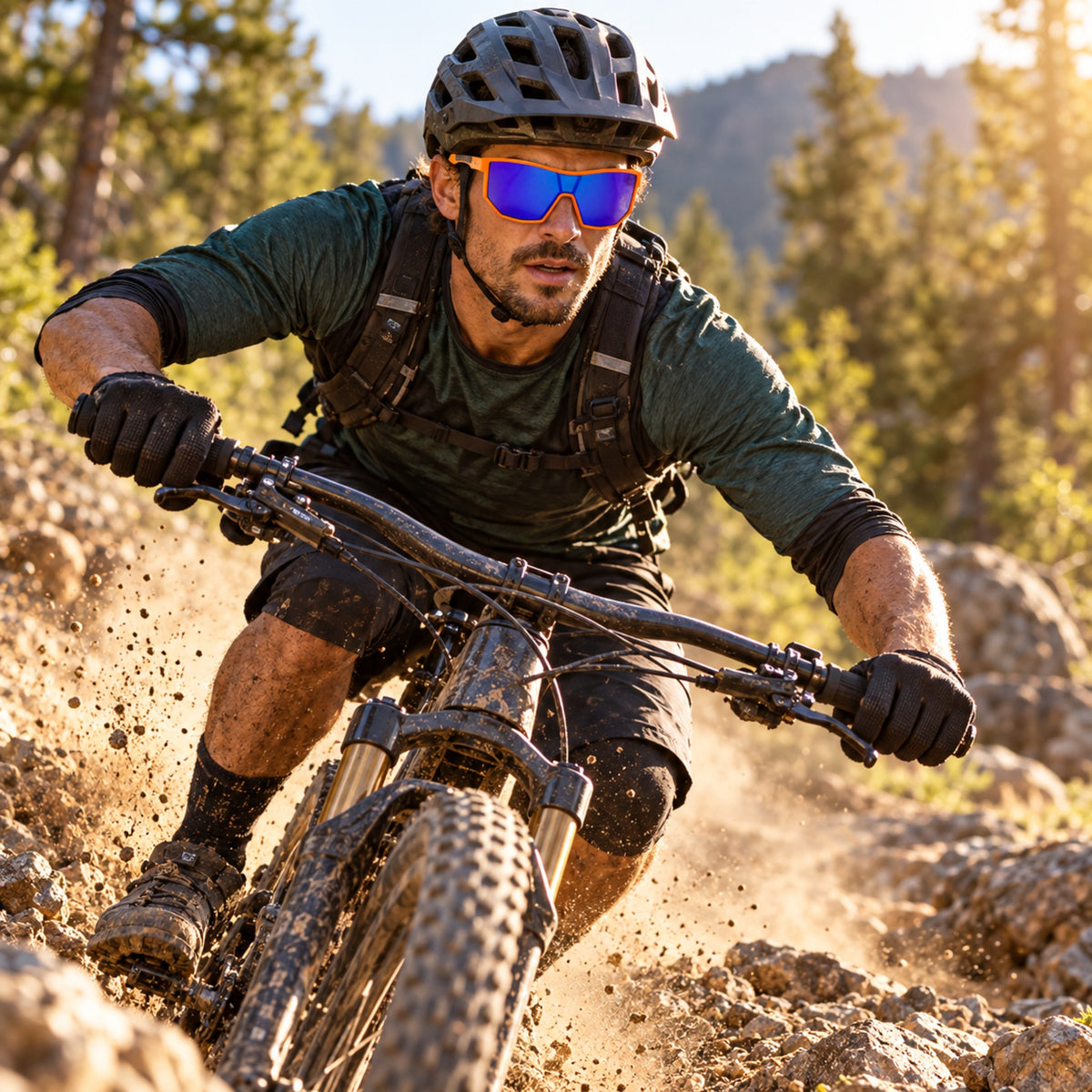 Mountain biker wearing orange-frame E3 Optics Pulse sunglasses with a blue mirrored lens on a wooded trail.