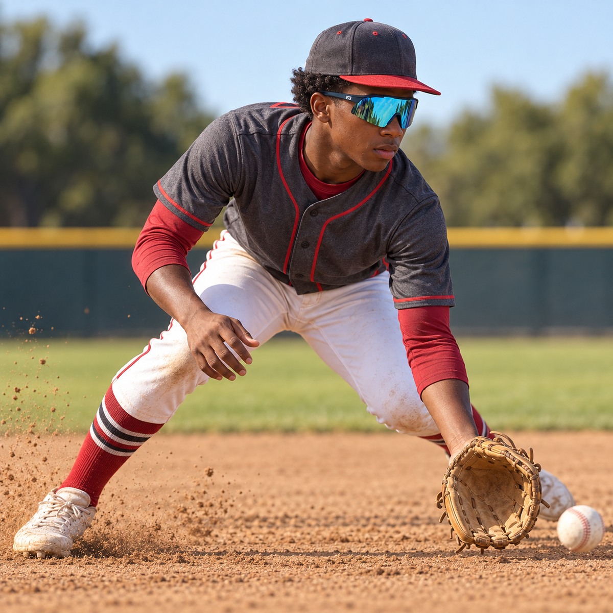 A baseball player in a gray and red uniform with white pants dives on a dirt field to catch a white baseball with his glove.