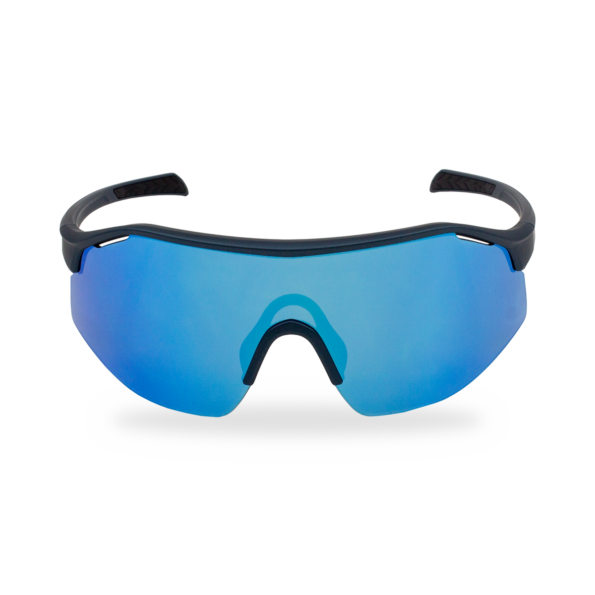 Sport sunglasses with a black wrap-around frame and a large blue mirrored shield lens, shown on a clean white background.