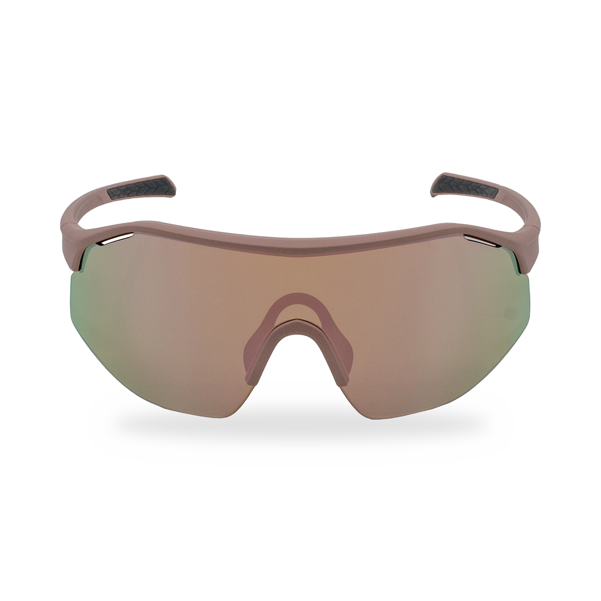 Sport sunglasses with a matte taupe-brown frame and a large shield-style mirrored lens that shifts from green to bronze, shown on a clean white background.