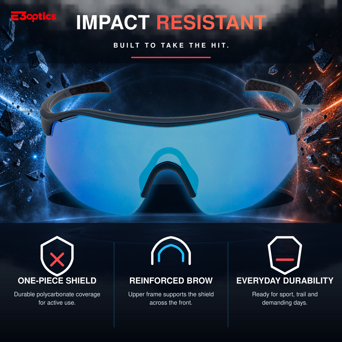 E3optics impact-resistant sports sunglasses with a blue mirrored lens and black frame, shown with marketing text and feature icons on a dark dramatic background.