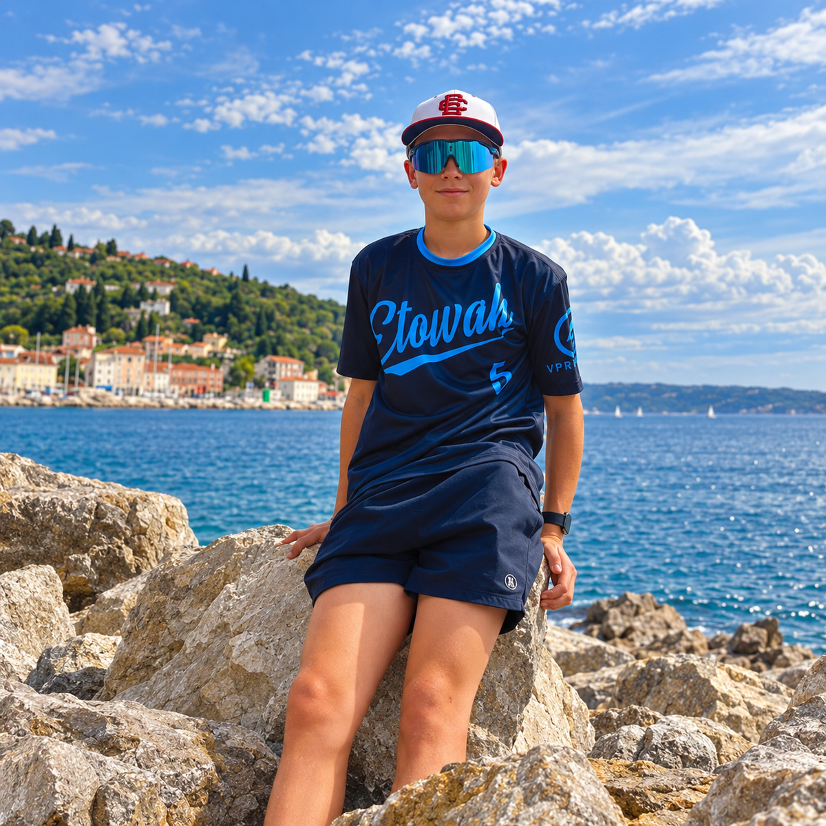 Teen wearing blue mirrored E3 Optics Trace sunglasses and a baseball cap while sitting on seaside rocks.