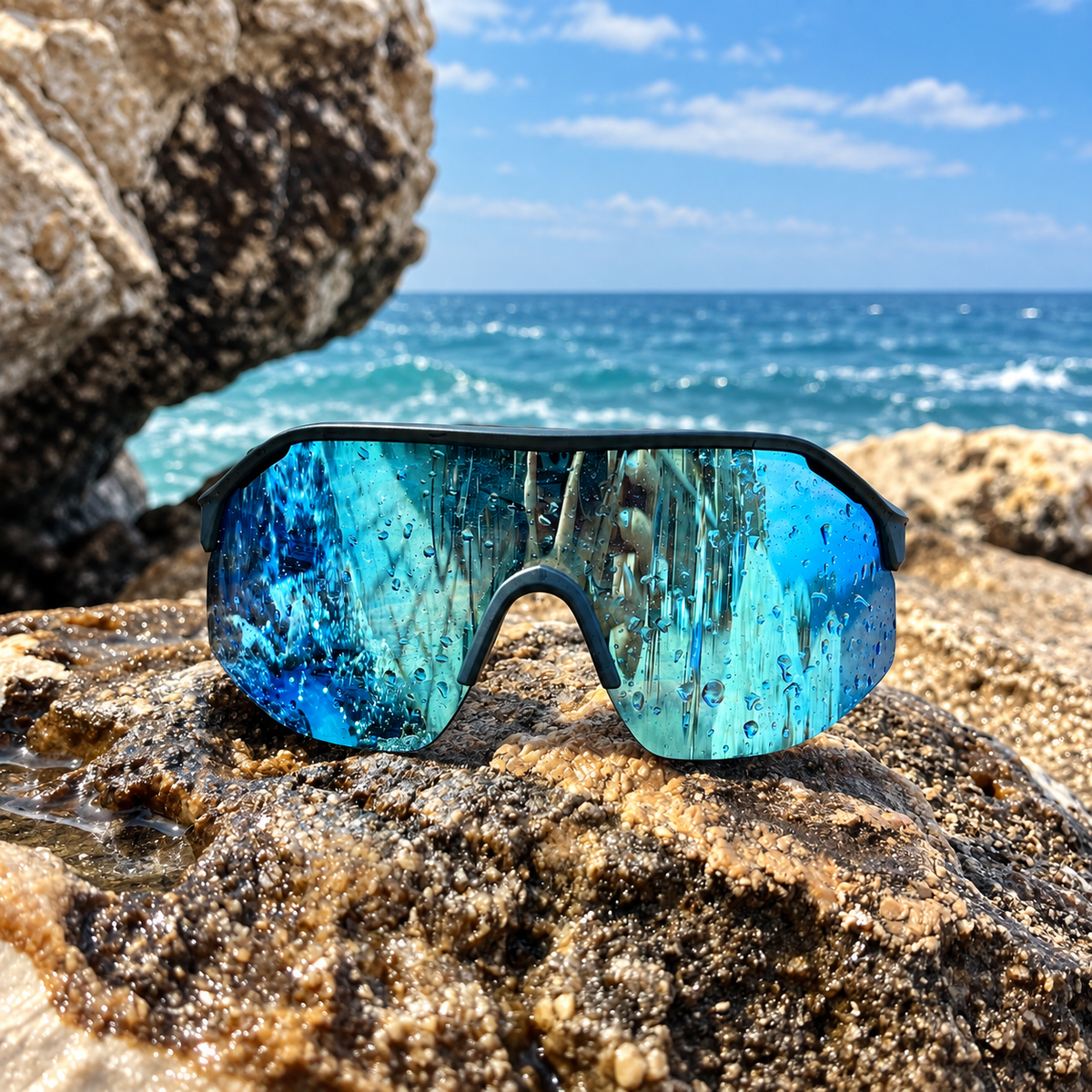 Blue mirrored shield-style sunglasses resting on a wet rock with the ocean and sky blurred in the background.