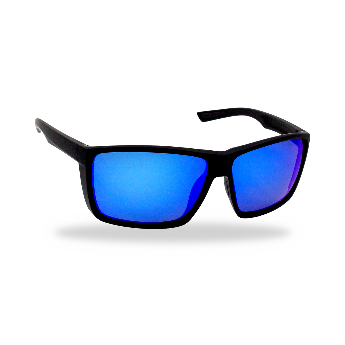 Black wrap-around sunglasses with vibrant blue mirrored lenses, shown from a three-quarters angle on a white background with a soft shadow.
