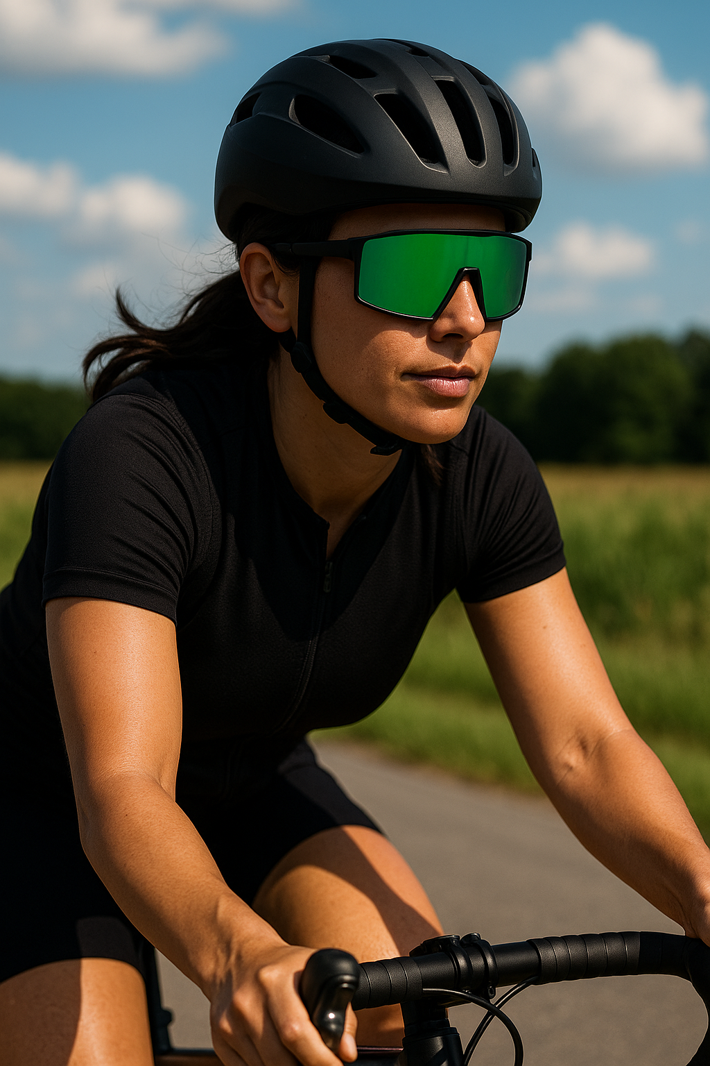 Female cyclist wearing E3 Optics E4 sunglasses with green mirror lens, designed for lightweight performance and outdoor sports