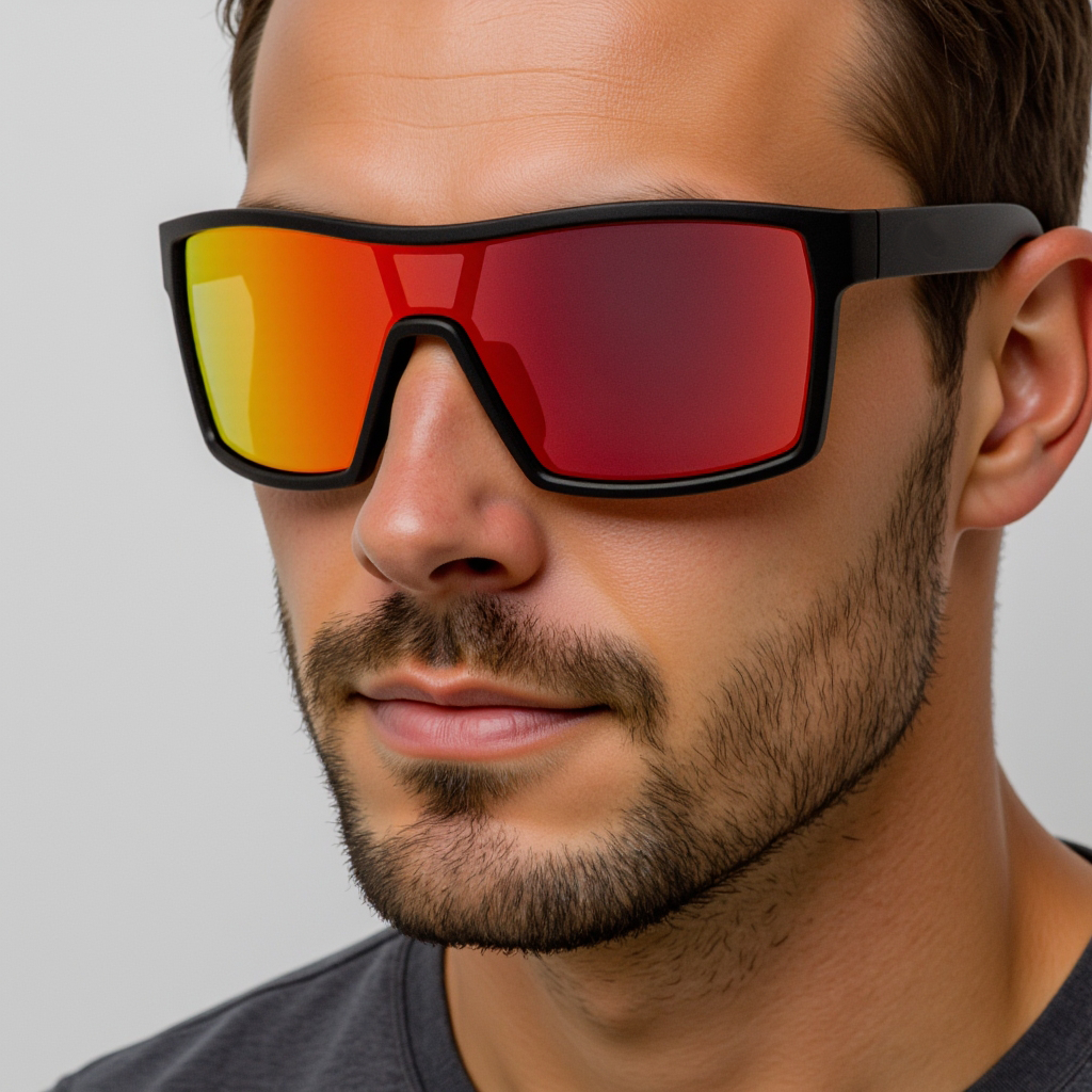 Male model wearing E3 Optics E4 sunglasses with red mirror lens and black frame, designed for high-performance sports and outdoor activities