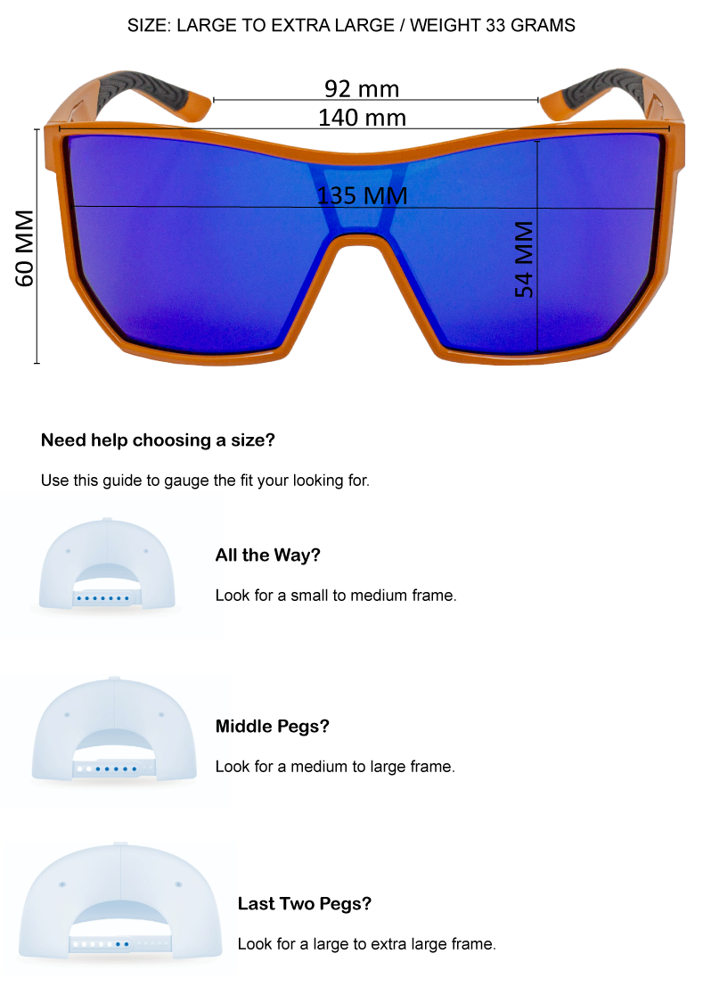 Sunglasses with size guide and measurements on a white background