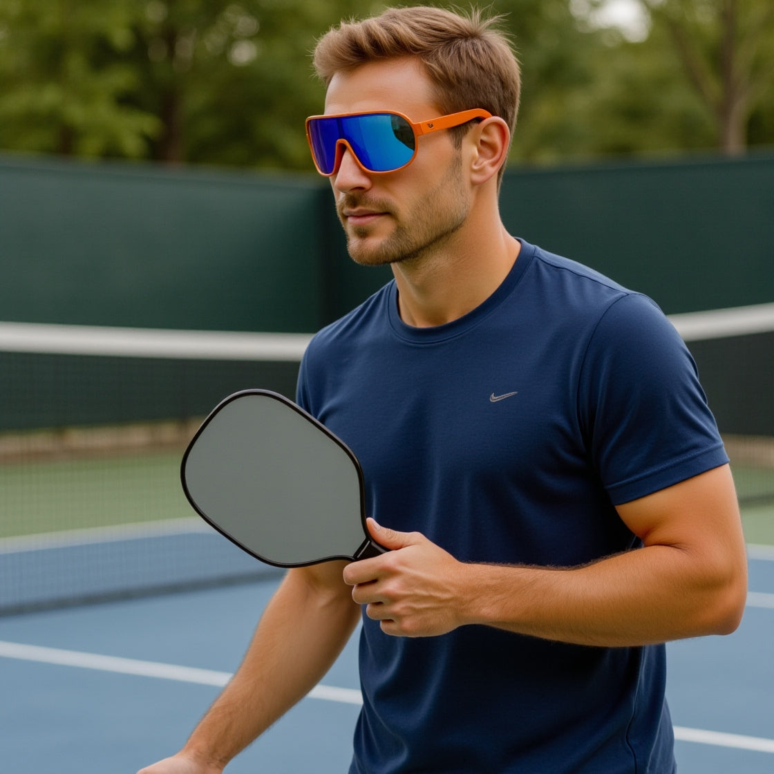 Man playing pickleball on outdoor court wearing E3 Optics E5 performance sunglasses with orange frames and blue mirror lenses