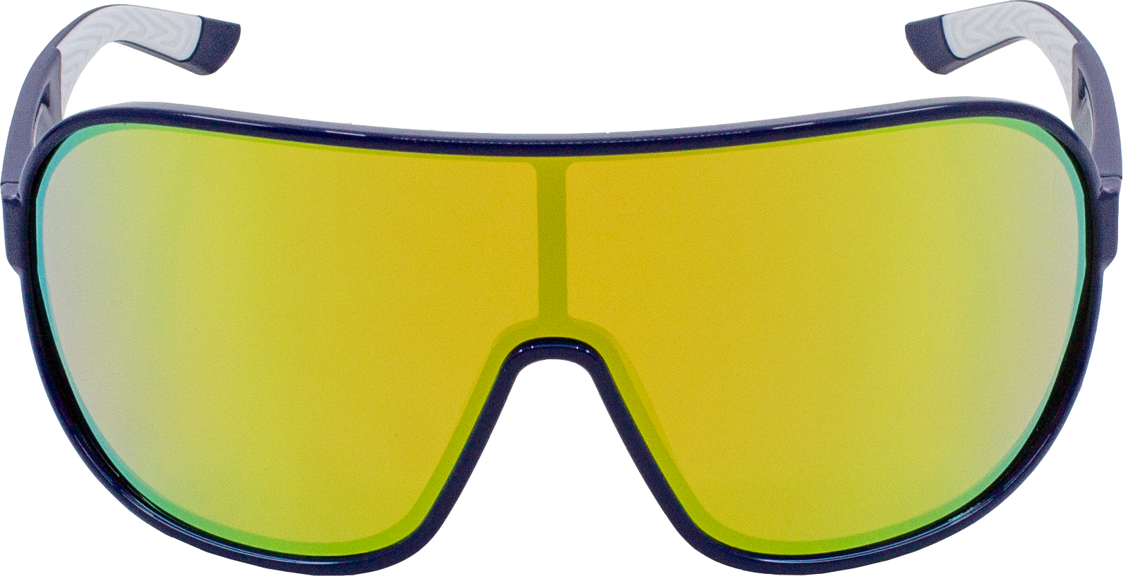 E5O9 sunglasses with black frame and yellow mirrored shield lens, UV400 impact-resistant sport eyewear.