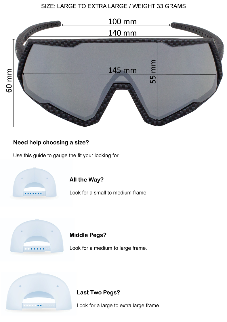 Sunglasses with size and weight measurement guide on a white background