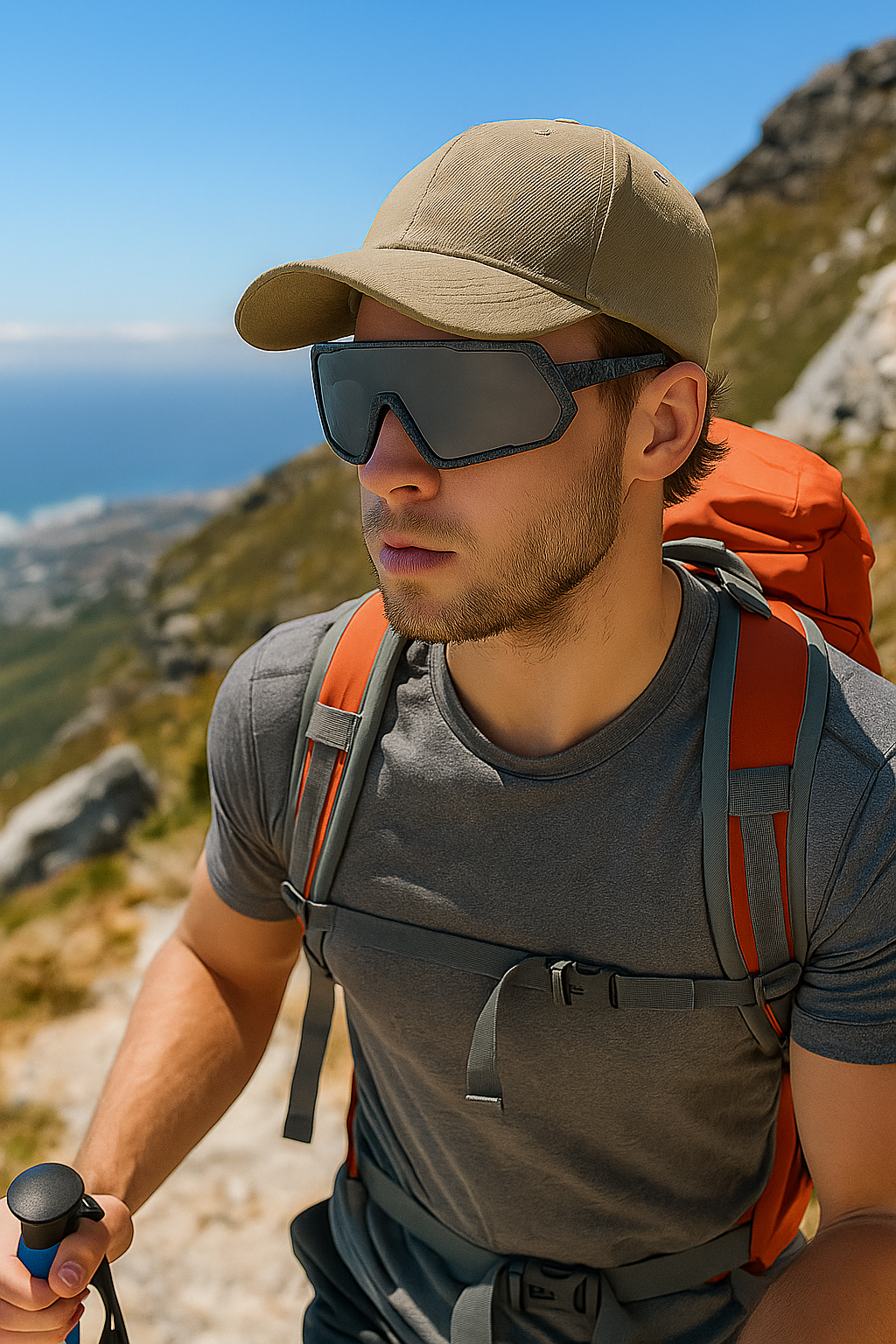 Man hiking in the mountains wearing E3 Optics E6 sunglasses with black frame and gray precise lens