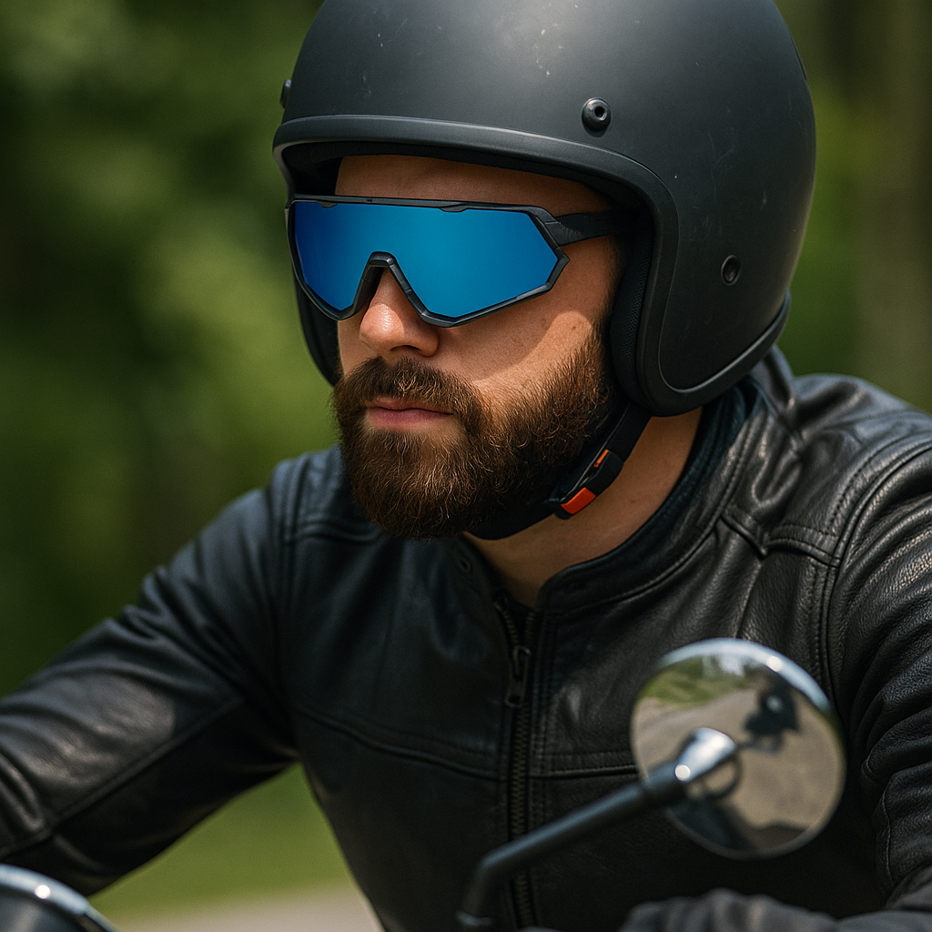 Man riding motorcycle wearing E3 Optics E6 sunglasses with blue mirror precise lenses and matte black frame