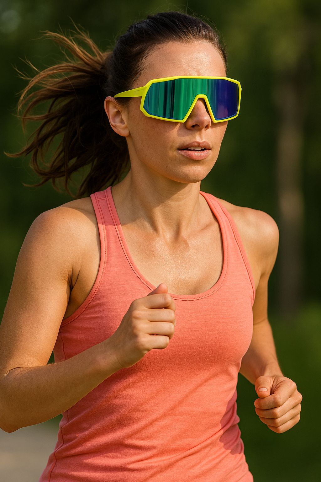 Woman running outdoors wearing E3 Optics E6 sunglasses with neon yellow frame and green mirror precise lenses