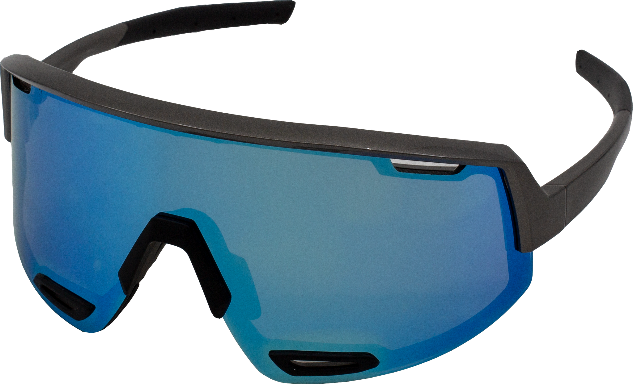 E3 Optics E8 Series left angle – matte frame with aerodynamic wraparound blue mirrored lens for cycling and trail use.