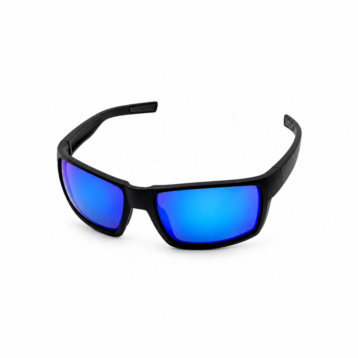 Black wrap-around sunglasses with vibrant blue mirrored lenses, shown on a clean white background.