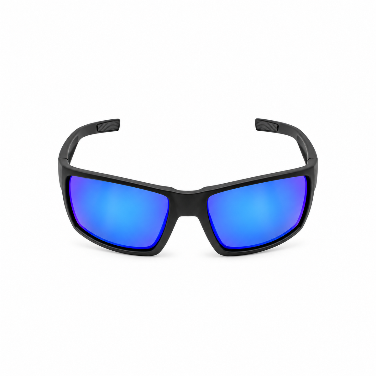 Black wrap-around sunglasses with vibrant blue mirrored lenses, shown against a plain white background.
