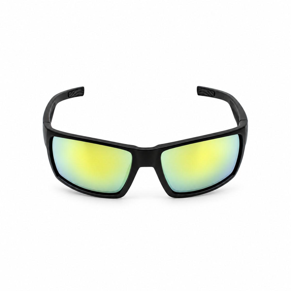 Black wrap-around sunglasses with mirrored yellow-green lenses, shown on a plain white background.